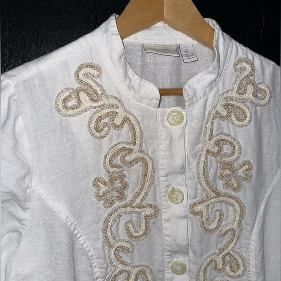 Chico’s 100% Linen Lightweight Boho Beaded Blazer Button Front Jacket Size 2 (L) - Picture 2 of 13